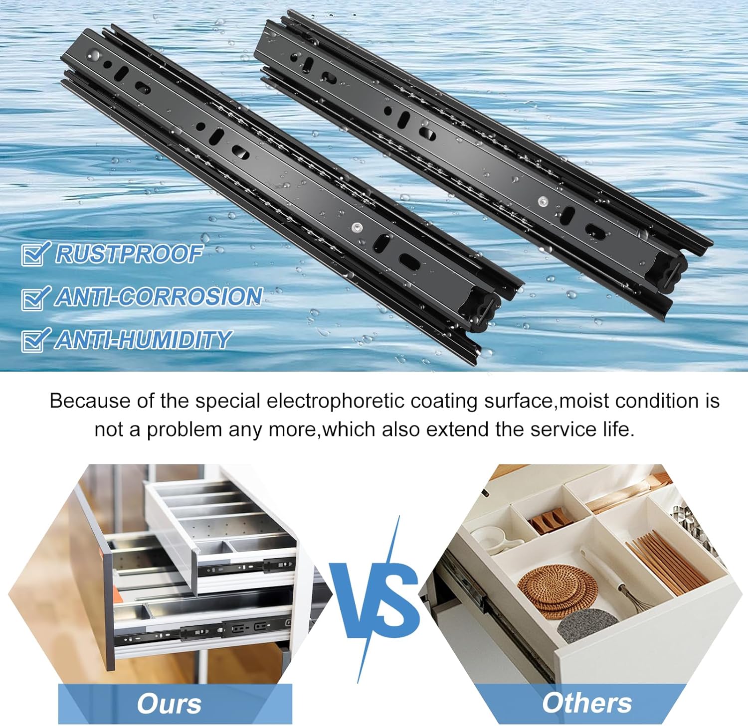 20" Full Extension Ball Bearing Drawer Slides - 6 Pairs (12pcs) Side Mount 3-Fold Slide 100 LB Capacity - Black
