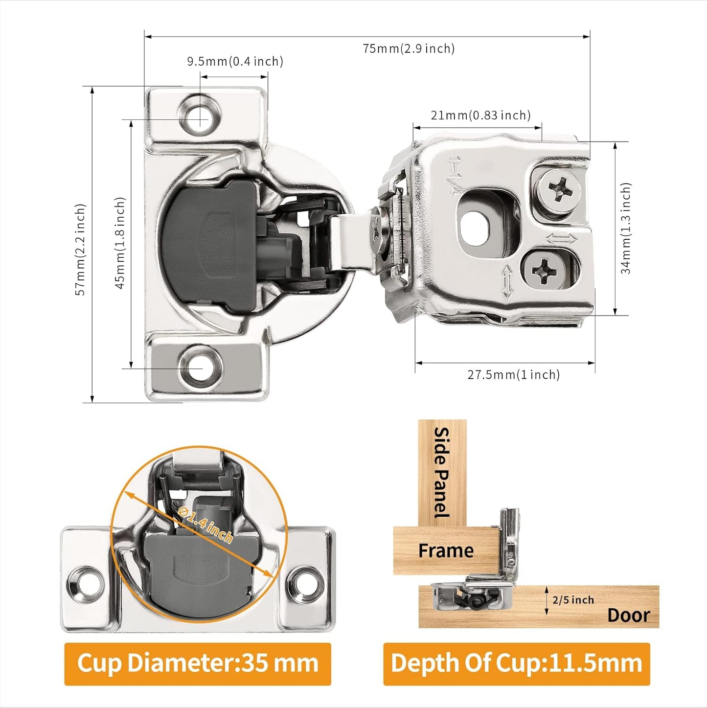 20 Pack 1-1/4" Overlay 3D Soft Close Concealed Hinge for Face Frame Door - Satin Nickel
