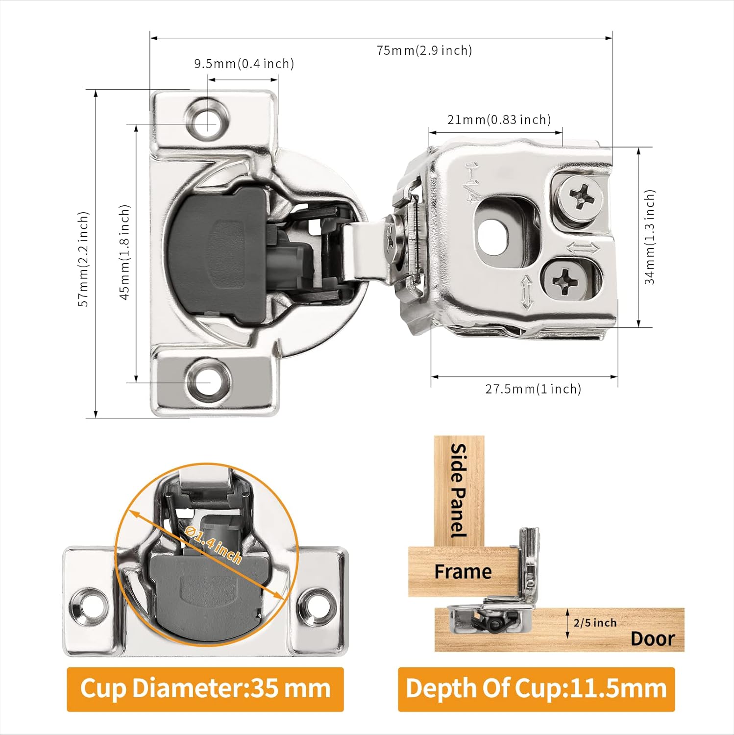 20 Pack 1-1/4" Overlay 3D Soft Close Concealed Hinge for Face Frame Door - Satin Nickel