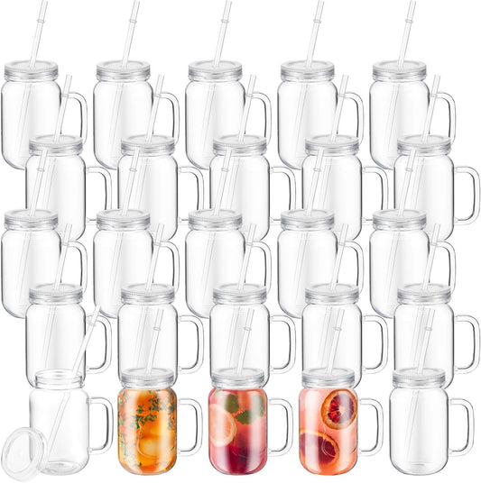 20 Pack 18.6 oz Plastic Mason Jars with Lids and Straws - Clear Drink Containers for Halloween & Christmas Party Favors