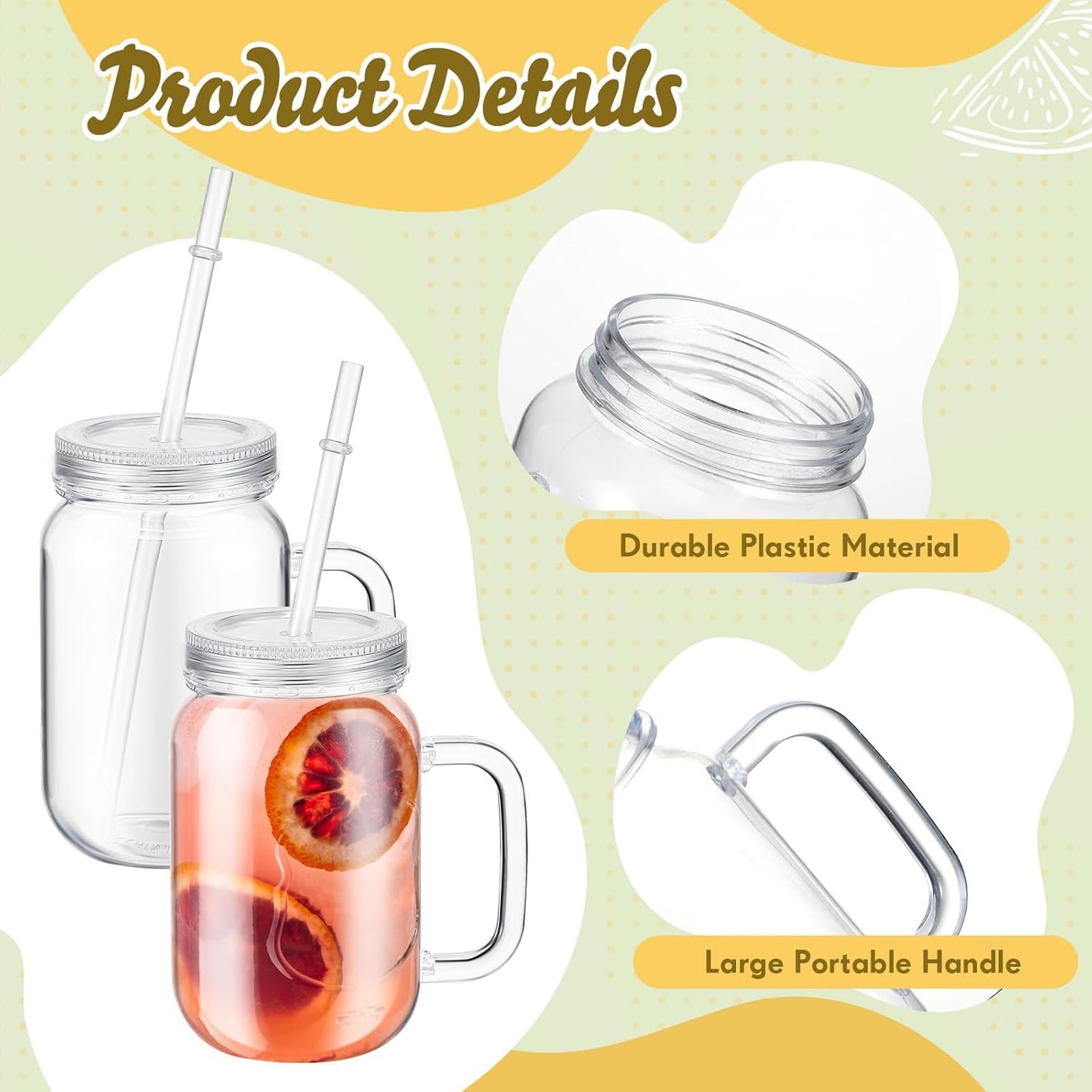 20 Pack 18.6 oz Plastic Mason Jars with Lids and Straws - Clear Drink Containers for Halloween & Christmas Party Favors