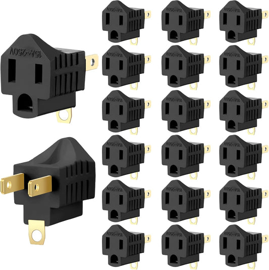 20 Pack 3 Prong to 2 Prong Adapter Grounded Outlet Converter for Household Appliances - Black
