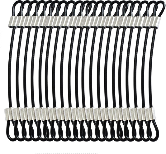 20 Pack 6-Inch Stainless Steel Wire Cable with Loops and Vinyl Cover - Safety Tether Chains for Locks - Black Color