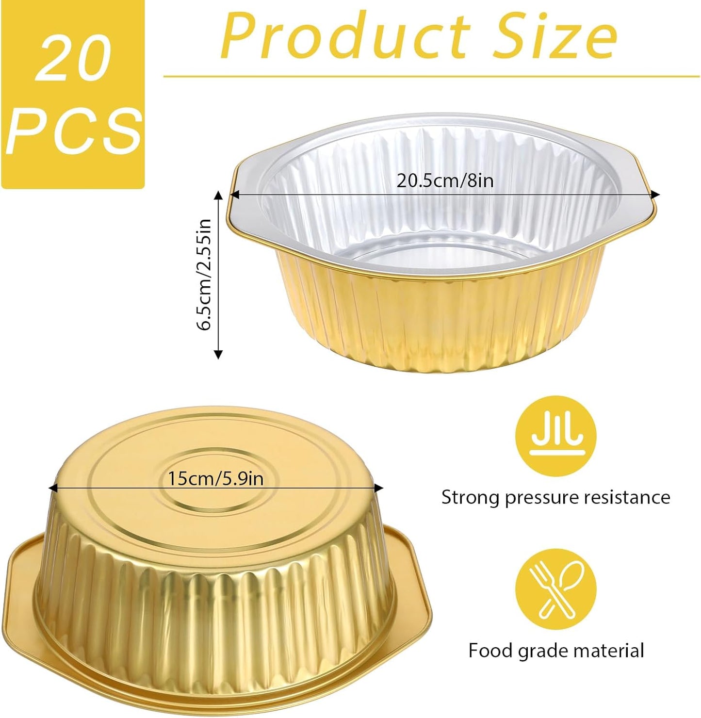 20-Pack 8" Round Aluminum Foil Pans with Lids - Heavy Duty Disposable Cookware for Baking, Cooking, and Storing