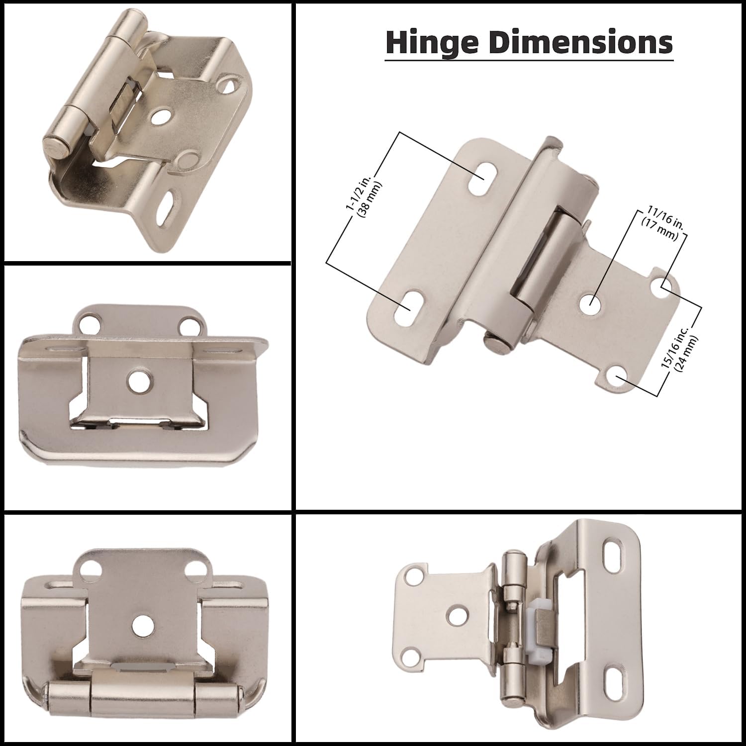 20 Pack Brushed Nickel Self Closing Cabinet Door Hinges for Kitchen Cabinets - 1/2" Overlay Partial Wrap Around Hinges with Screw & Bumper