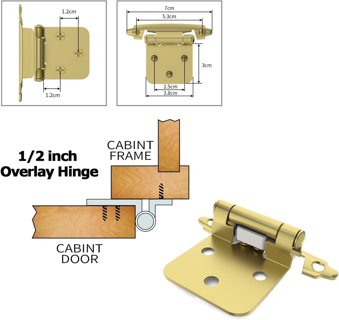 20 Pack Chibery 1/2" Overlay Cabinet Hinges - Self Closing Flush Mount with Door Bumper - Variable Decorative Hardware for Kitchen and Bathroom Cabinets - Brass Gold Finish