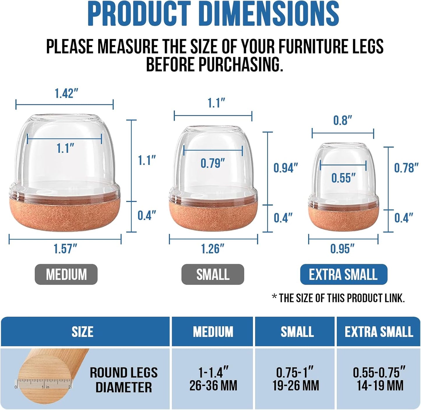 20 Pack Clear Extra Small Chair Leg Floor Protectors for Hardwood Floors - Round Rubber Caps with Felt, Furniture Feet Covers to Prevent Scratches and Reduce Noise - Fits 0.55"-0.75" Legs