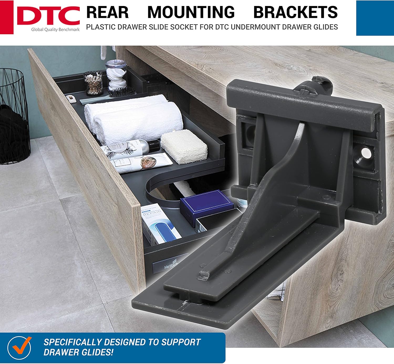 20 Pack Grey Plastic Rear Mounting Brackets for DTC Undermount Drawer Glides - Fits 12", 15", 18", 21" Lengths