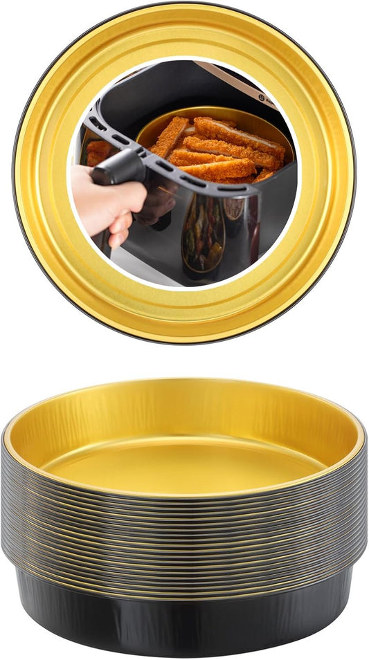 20-Pack MESTAEK Reusable Aluminum Foil Air Fryer Pans - 7.1" Diameter, 1.6" Depth, 24.5oz Capacity - Food-Grade, Black & Gold, Thickened for High Temperatures - Dishwasher Safe