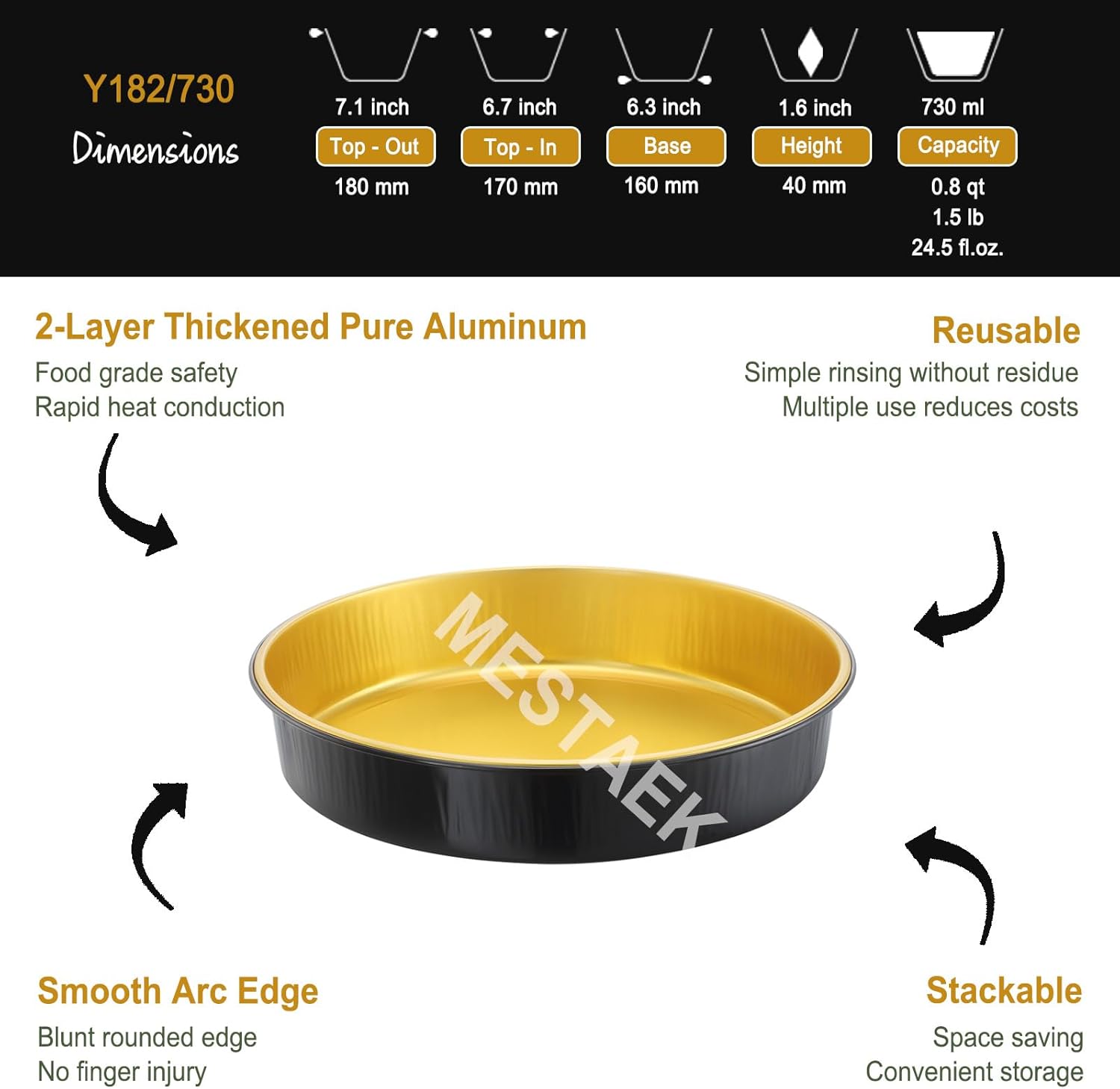 20-Pack MESTAEK Reusable Aluminum Foil Air Fryer Pans - 7.1" Diameter, 1.6" Depth, 24.5oz Capacity - Food-Grade, Black & Gold, Thickened for High Temperatures - Dishwasher Safe