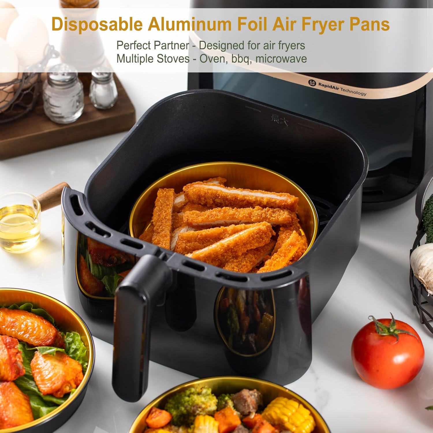 20-Pack MESTAEK Reusable Aluminum Foil Air Fryer Pans - 7.1" Diameter, 1.6" Depth, 24.5oz Capacity - Food-Grade, Black & Gold, Thickened for High Temperatures - Dishwasher Safe