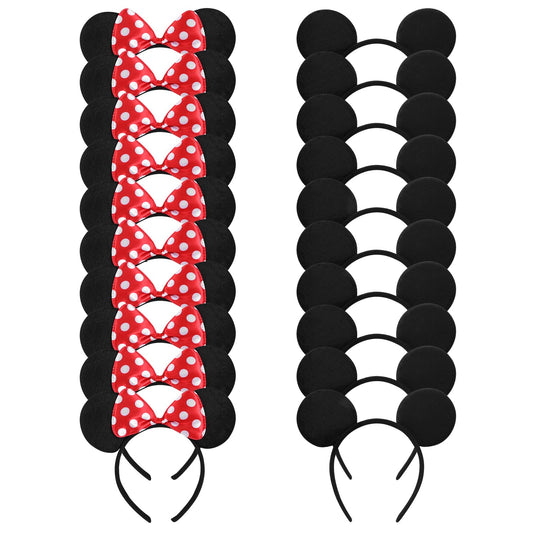 20 Pack Mouse Ears Headbands with Solid Bows for Birthday Parties & Cosplay Decorations