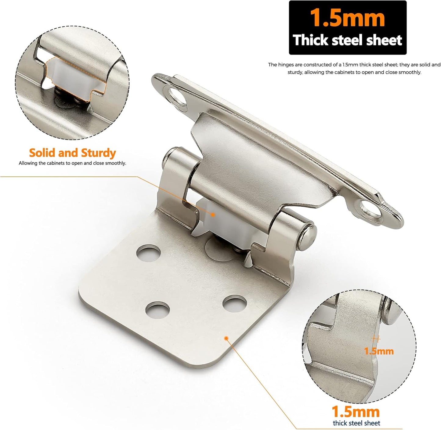 20 Pack Ravinte 1/2 inch Overlay Kitchen Cabinet Door Hinges - Satin Nickel Self-Closing Semi-Concealed Hinges with Bumpers
