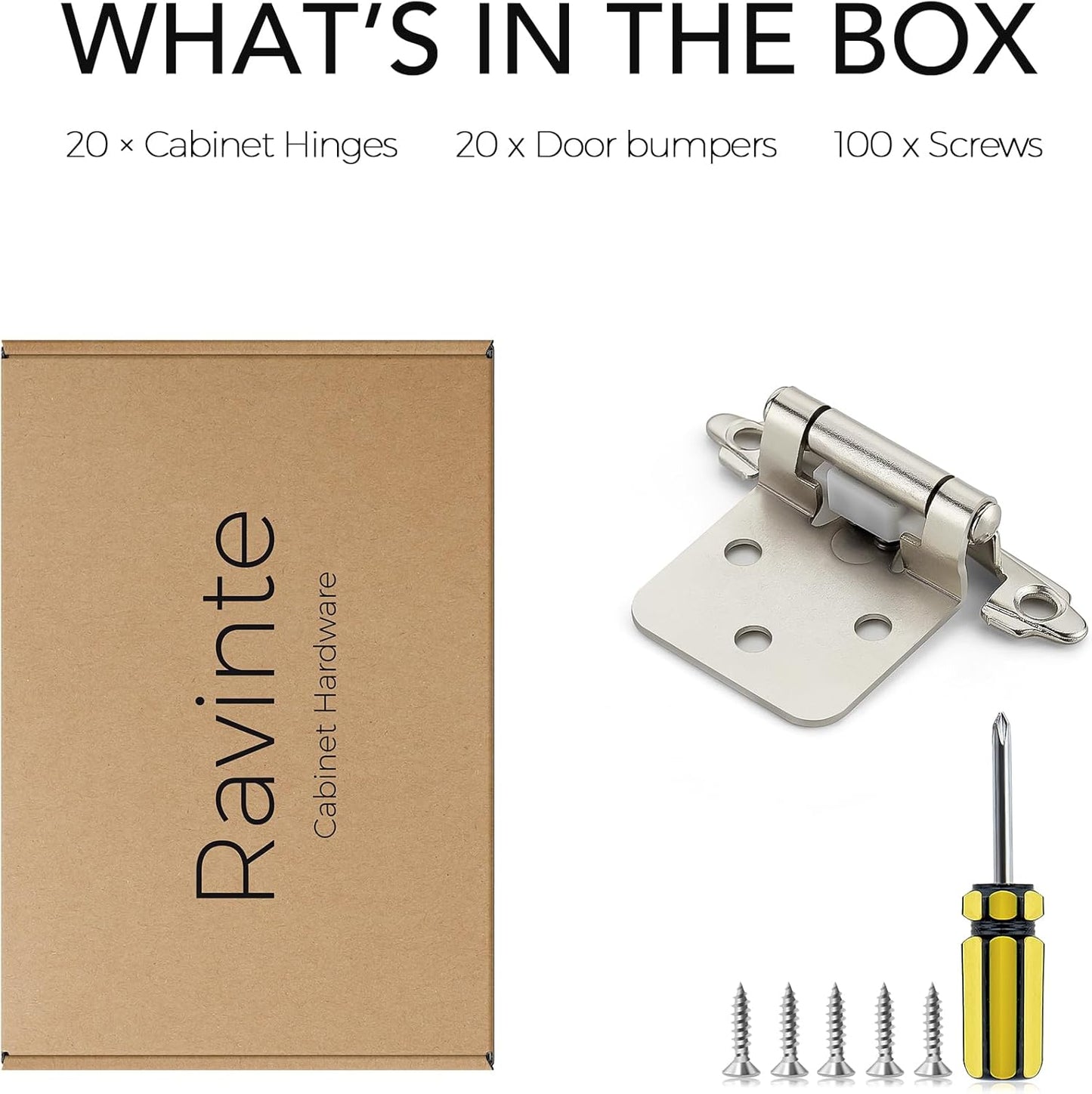 20 Pack Ravinte 1/2 inch Overlay Kitchen Cabinet Door Hinges - Satin Nickel Self-Closing Semi-Concealed Hinges with Bumpers