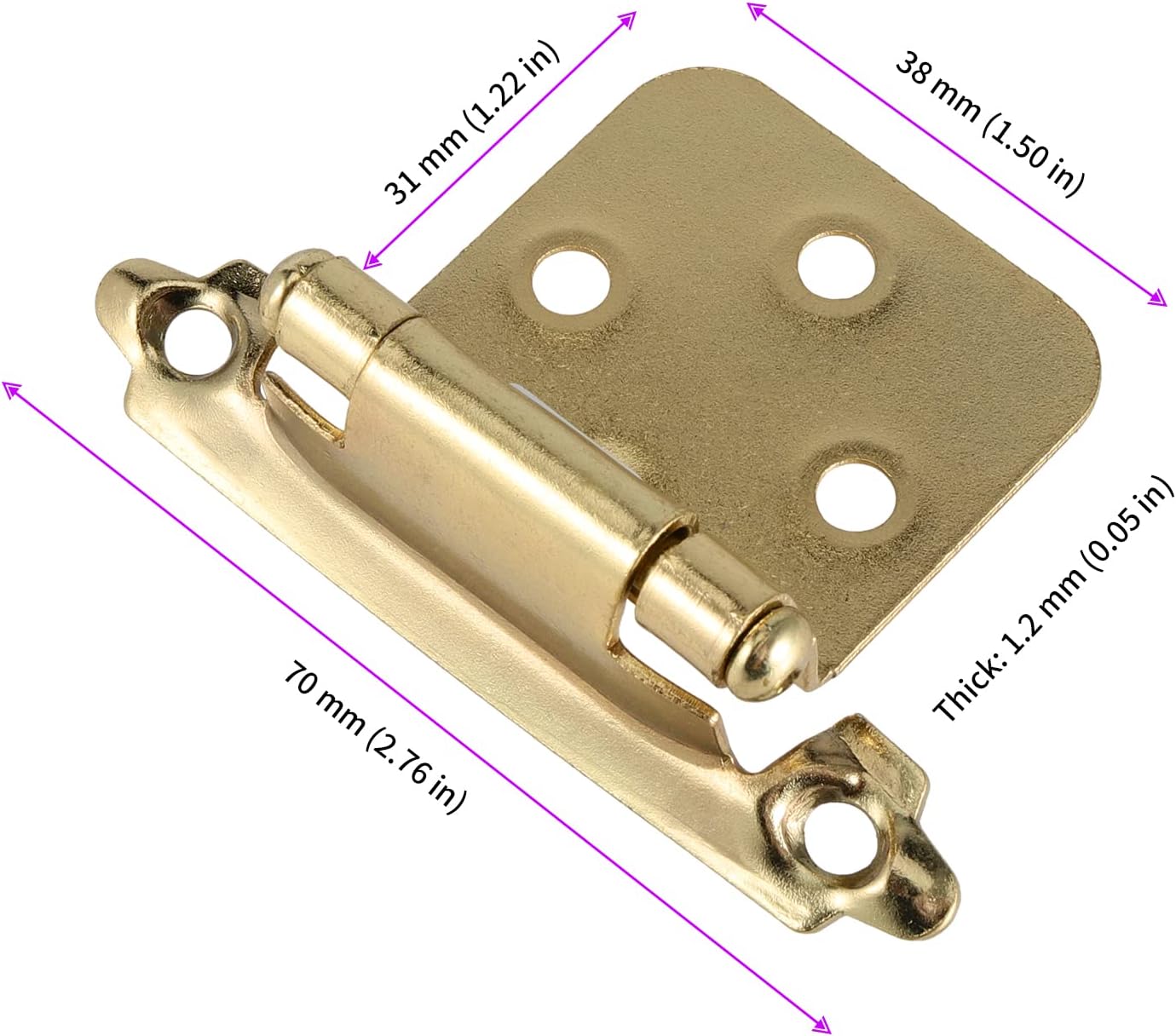 20 PCS 1/2 Inch Gold Cabinet Hinges with 100 Screws - Face Mount Overlay Door Hinges for Kitchen Cabinets