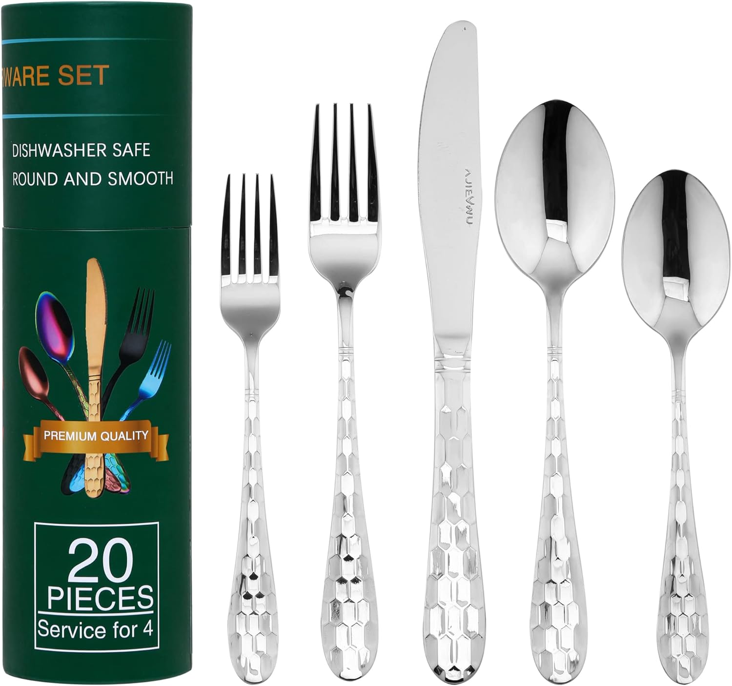 20-Piece Hammered Stainless Steel Silverware Set for 4 - Knife Spoon Fork - Mirror Polished Flatware Cutlery Tableware Set