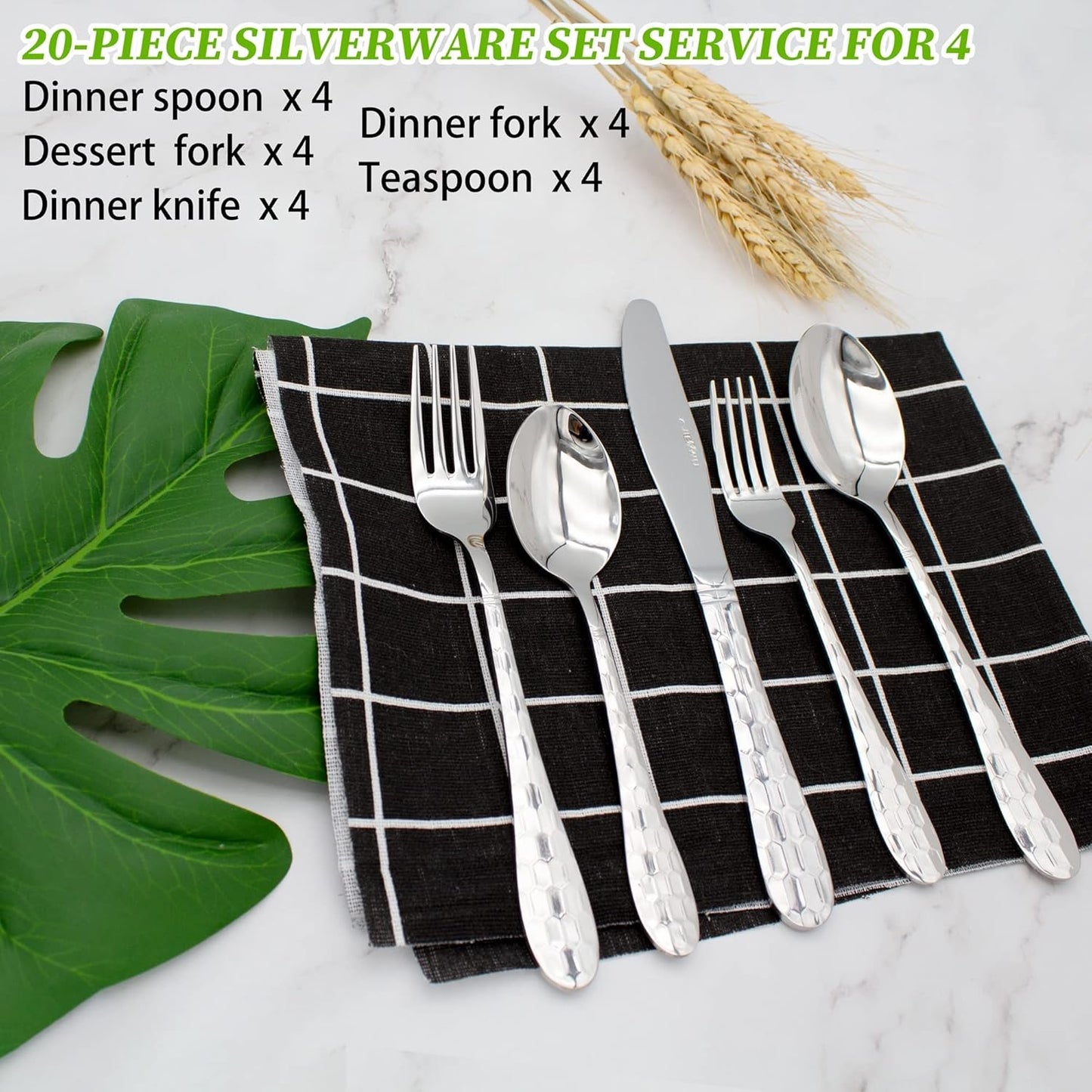 20-Piece Hammered Stainless Steel Silverware Set for 4 - Knife Spoon Fork - Mirror Polished Flatware Cutlery Tableware Set