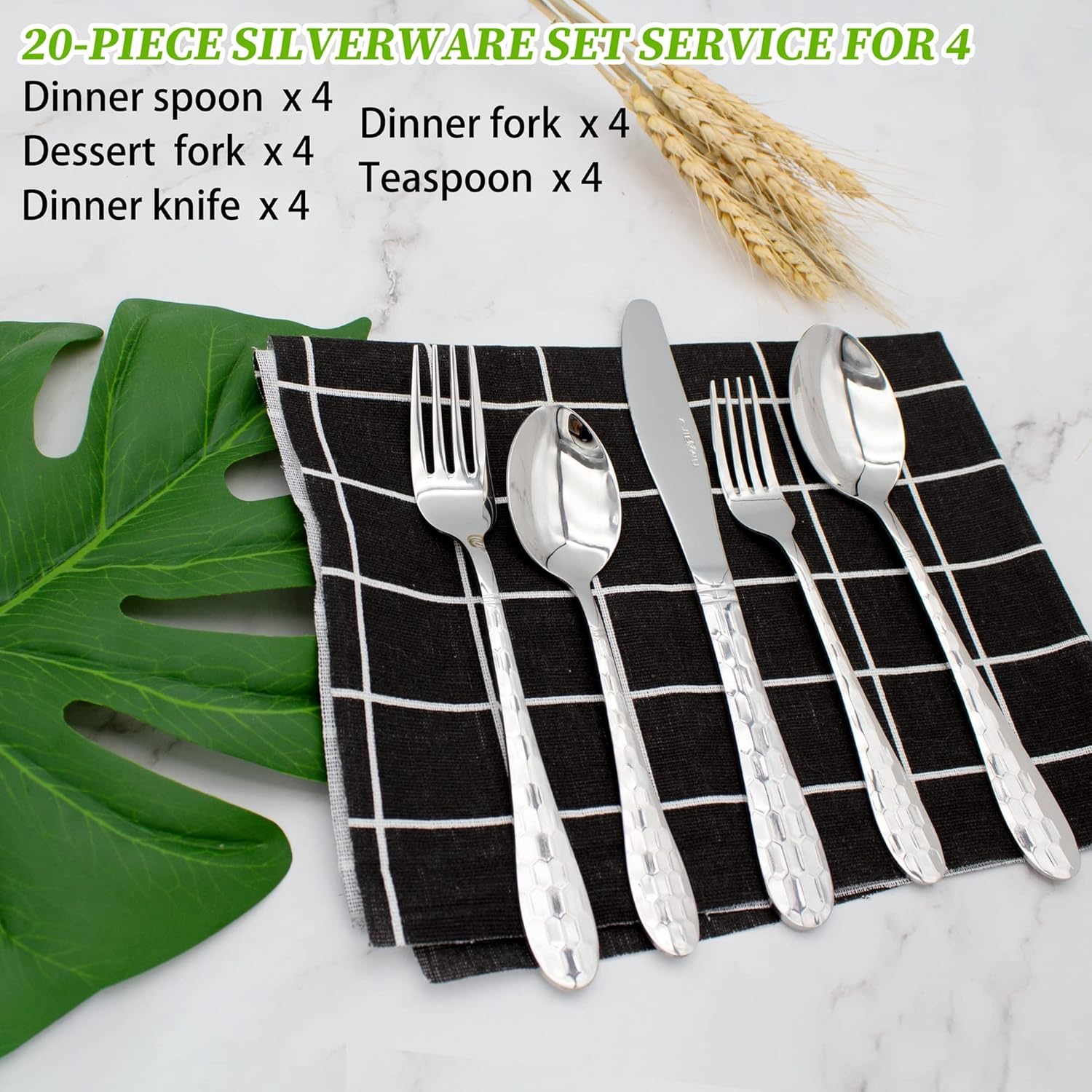 20-Piece Hammered Stainless Steel Silverware Set for 4 - Knife Spoon Fork - Mirror Polished Flatware Cutlery Tableware Set