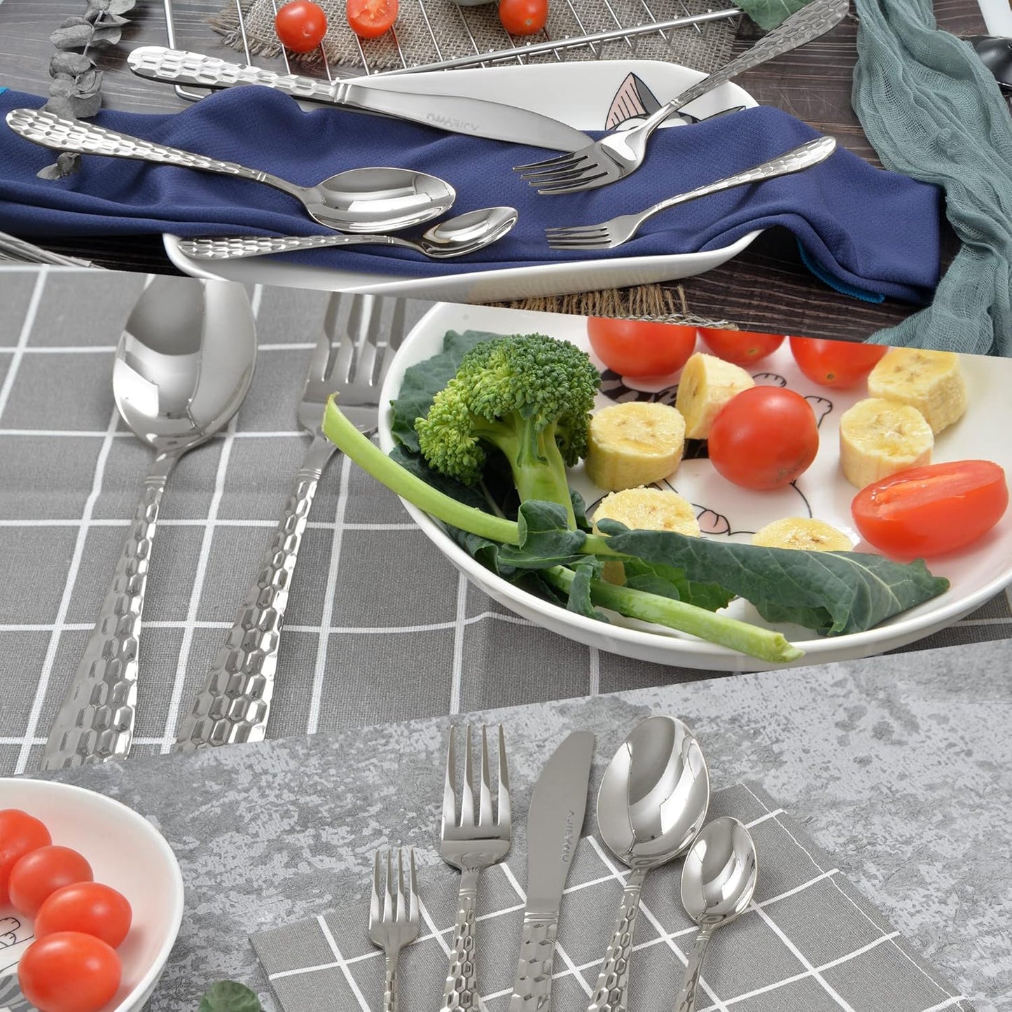 20-Piece Hammered Stainless Steel Silverware Set for 4 - Knife Spoon Fork - Mirror Polished Flatware Cutlery Tableware Set