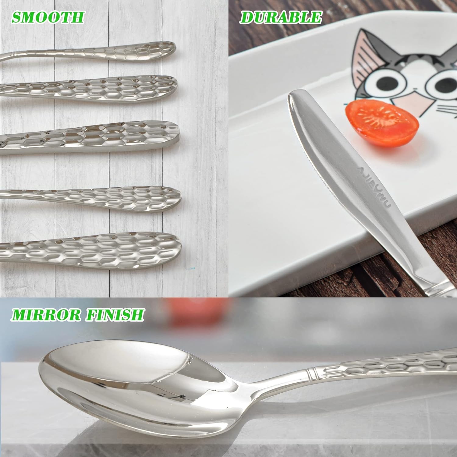 20-Piece Hammered Stainless Steel Silverware Set for 4 - Knife Spoon Fork - Mirror Polished Flatware Cutlery Tableware Set