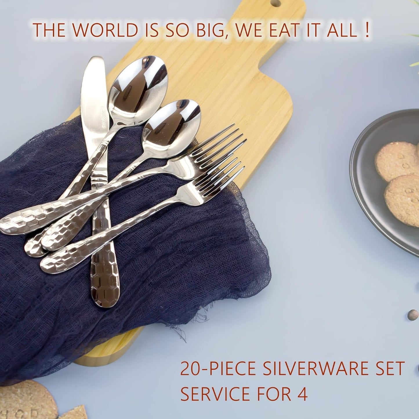 20-Piece Hammered Stainless Steel Silverware Set for 4 - Knife Spoon Fork - Mirror Polished Flatware Cutlery Tableware Set