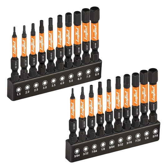 20-Piece Impact Hex Head Allen Wrench Drill Bit Set - Metric & SAE, 1/4" Hex Shank S2 Steel Bits, CNC Machined Tips, Magnetic, 2" Long with Storage Box