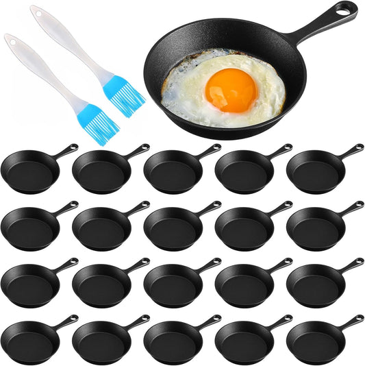 20 Sets of 4 Inch Cast Iron Skillets - Nonstick Frying Pans for Indoor & Outdoor Cooking - Includes Oil Brush - Perfect for Restaurants & Kitchens