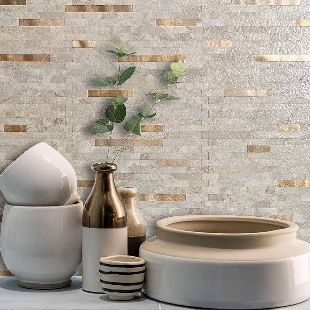 20 Sheets Beige Marble Peel and Stick Backsplash for Kitchen - Faux Stone PVC Wall Tiles