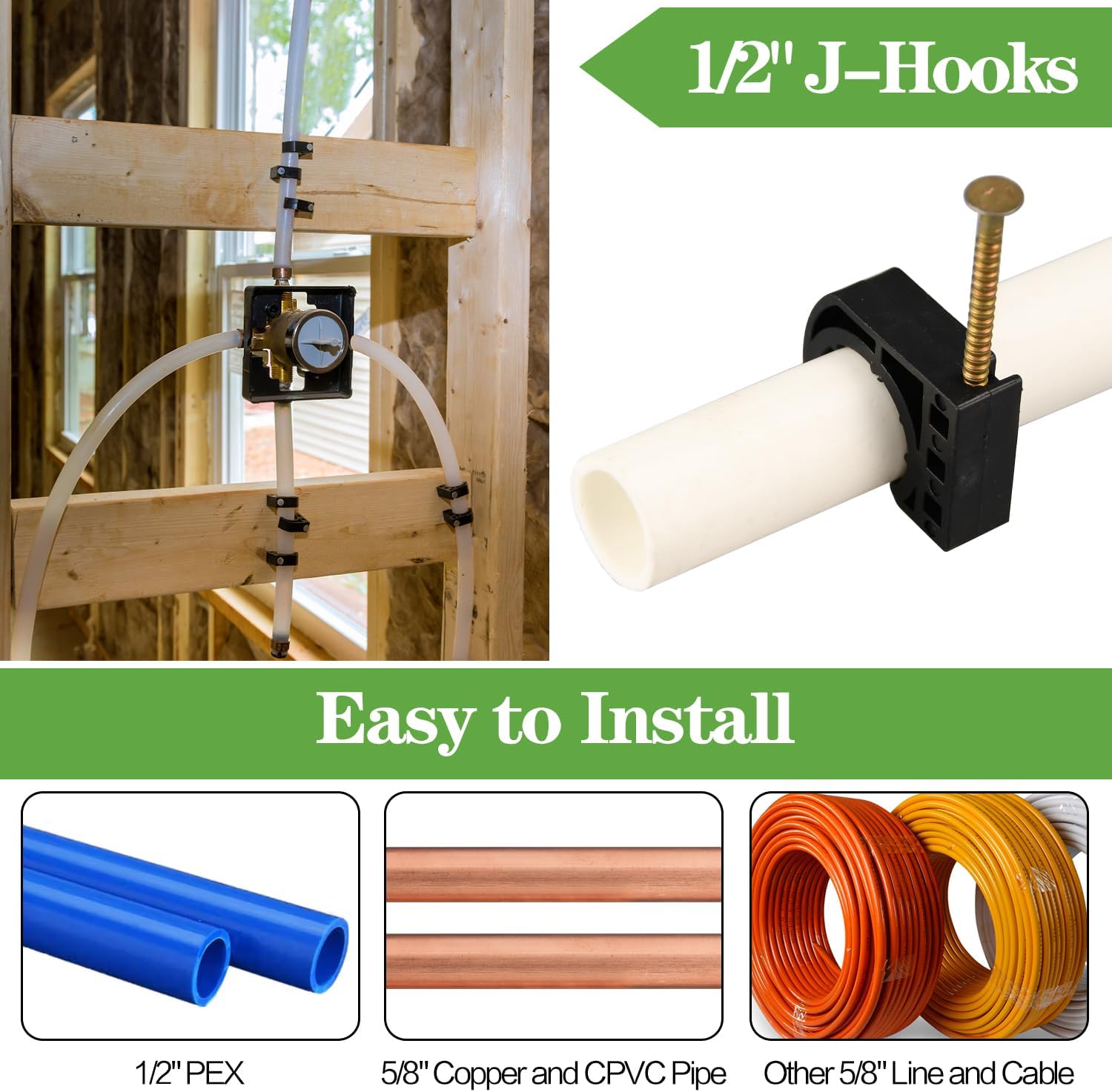 200 Pack 1/2" J-Hook Half Clamps Set with Nails for PEX, Copper, CPVC Tubing Connections