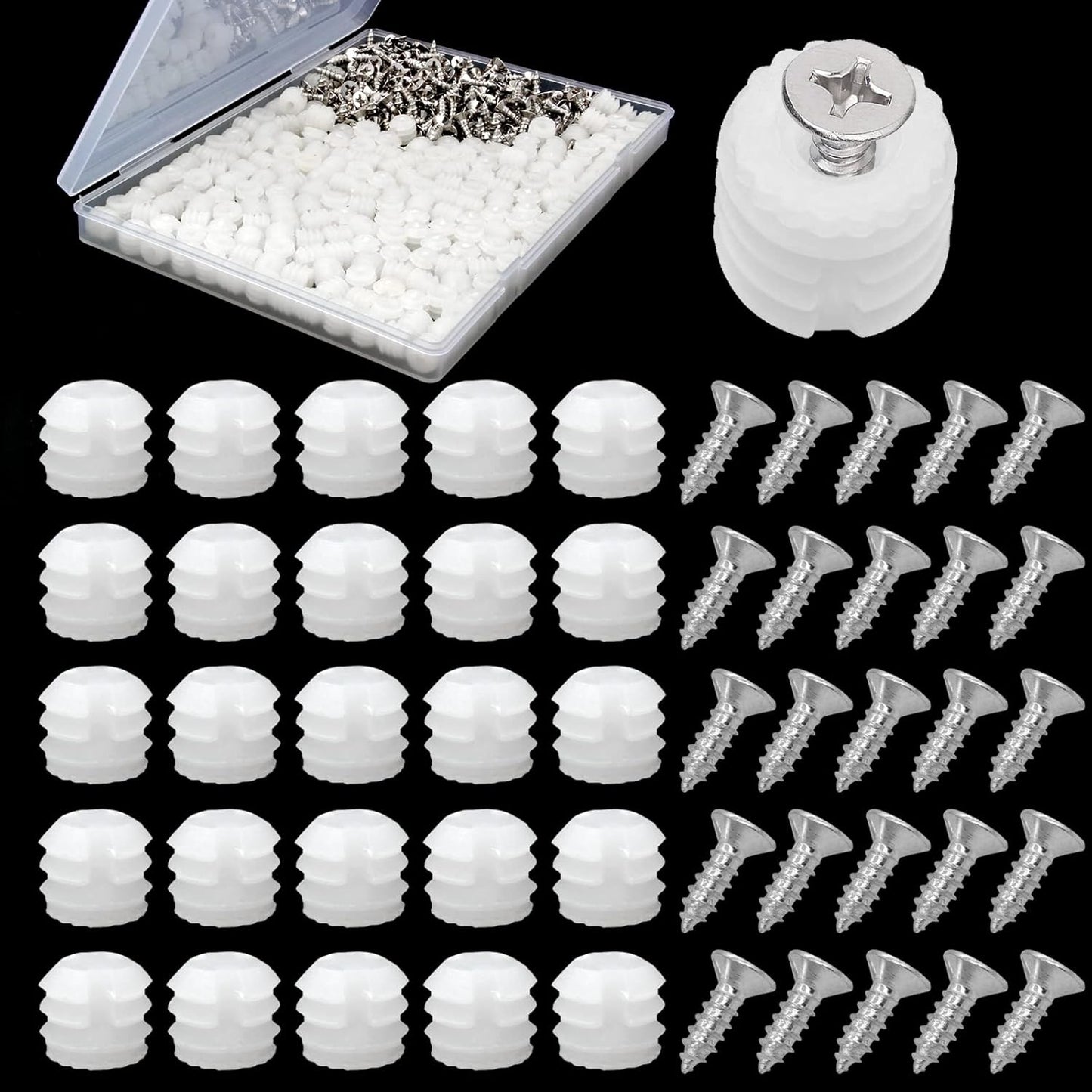 200 Pack White Plastic Hinge Dowel Inserts with Screws for Cabinet Door Drawer Repair