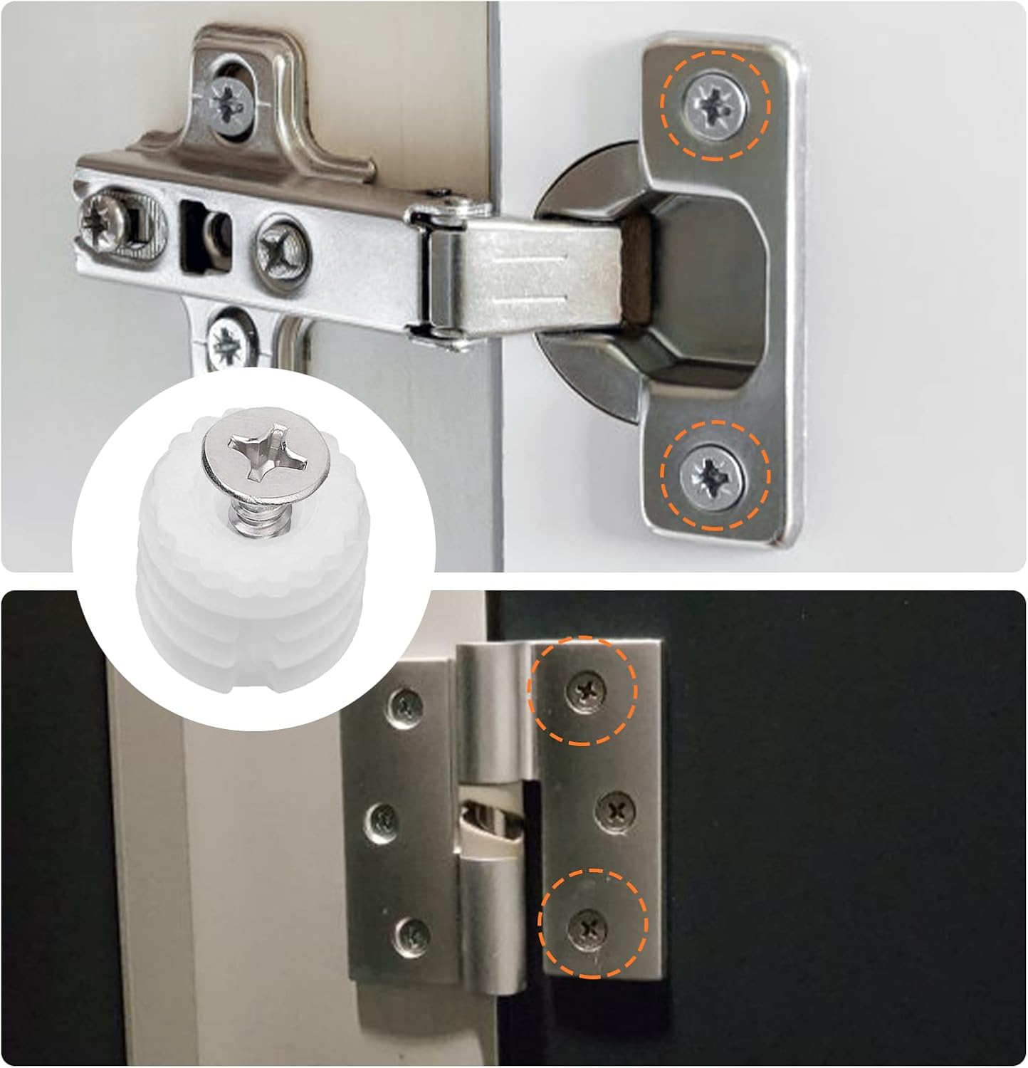 200 Pack White Plastic Hinge Dowel Inserts with Screws for Cabinet Door Drawer Repair