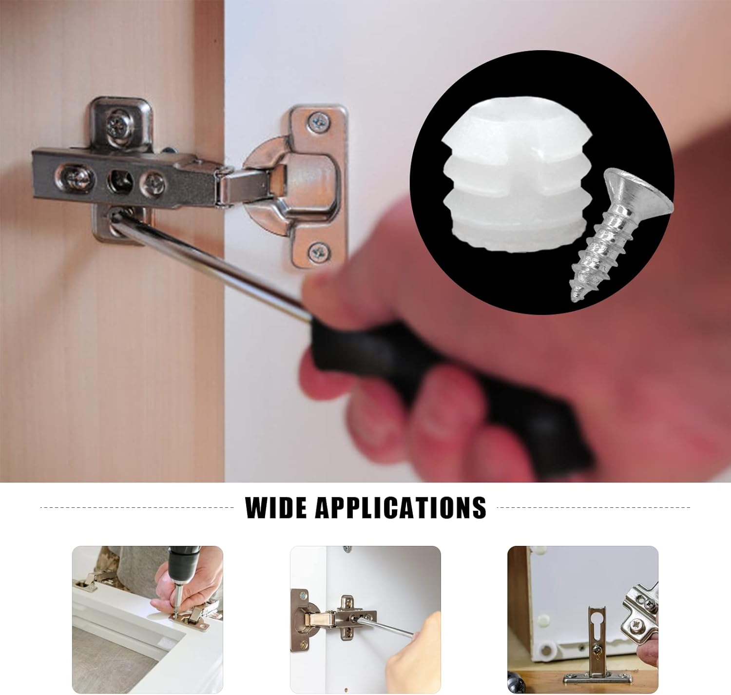 200 Pack White Plastic Hinge Dowel Inserts with Screws for Cabinet Door Drawer Repair