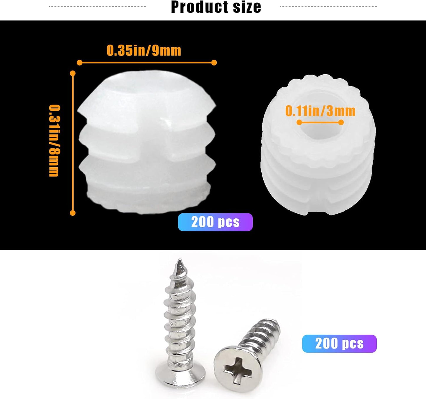 200 Pack White Plastic Hinge Dowel Inserts with Screws for Cabinet Door Drawer Repair