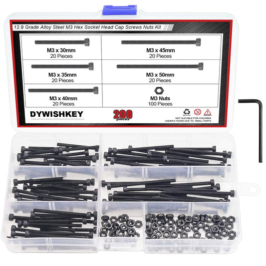 200-Piece DYWISHKEY M3 x 30mm-50mm Hex Socket Head Cap Bolts Screws Nuts Kit, 12.9 Grade Alloy Steel with Wrench