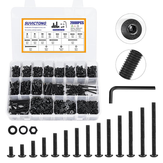 2000Pcs M3 Button Head Hex Socket Cap Screws Metric Assortment Kit, Black Carbon Steel Bolts Nuts for 3D Printer