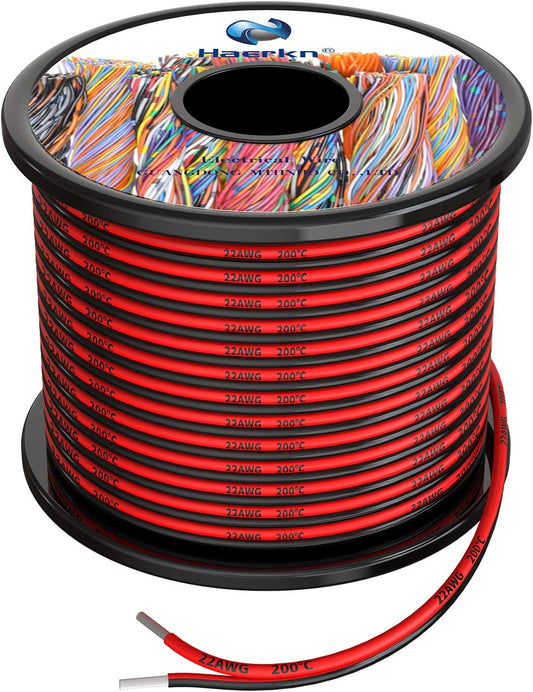 200ft Haerkn 22 AWG Silicone Electrical Wire - 2 Conductor Parallel Wire (Black 100ft Red 100ft) - Soft & Flexible Oxygen-Free Copper Wire