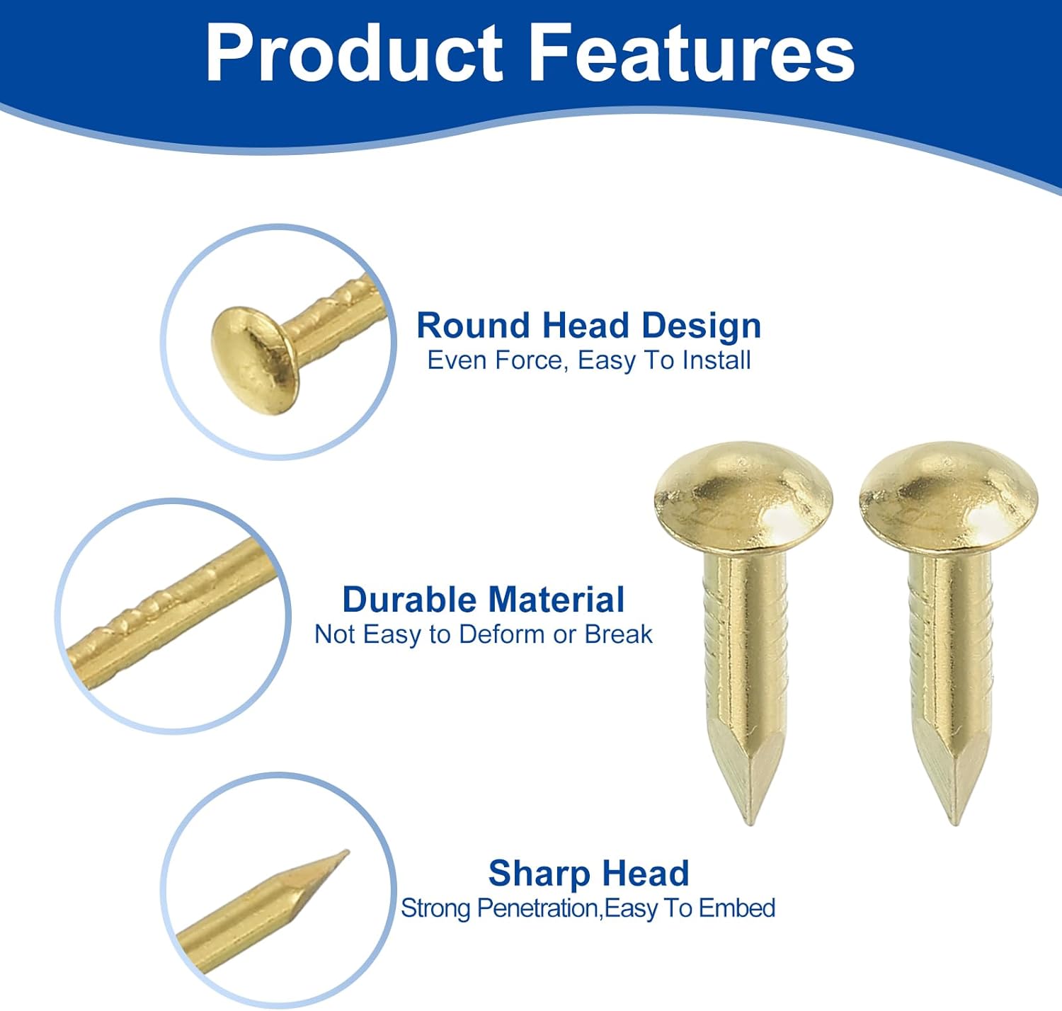 200Pcs Brass Round Head Nails 2.8 x 15mm for Woodworking & Picture Hanging - Small Hardware Nails for DIY Projects