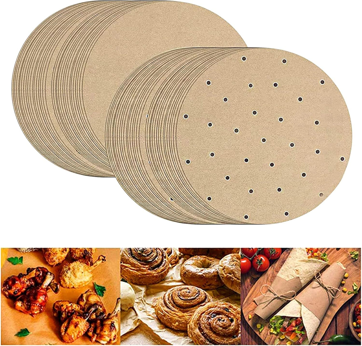 200pcs Unbleached Bamboo Steamer Liners - 8 inch Perforated Parchment Papers for Air Fryers - Non-Stick Mat for Baking/Cooking - Fits 4.2 & 4.9QT Fryers