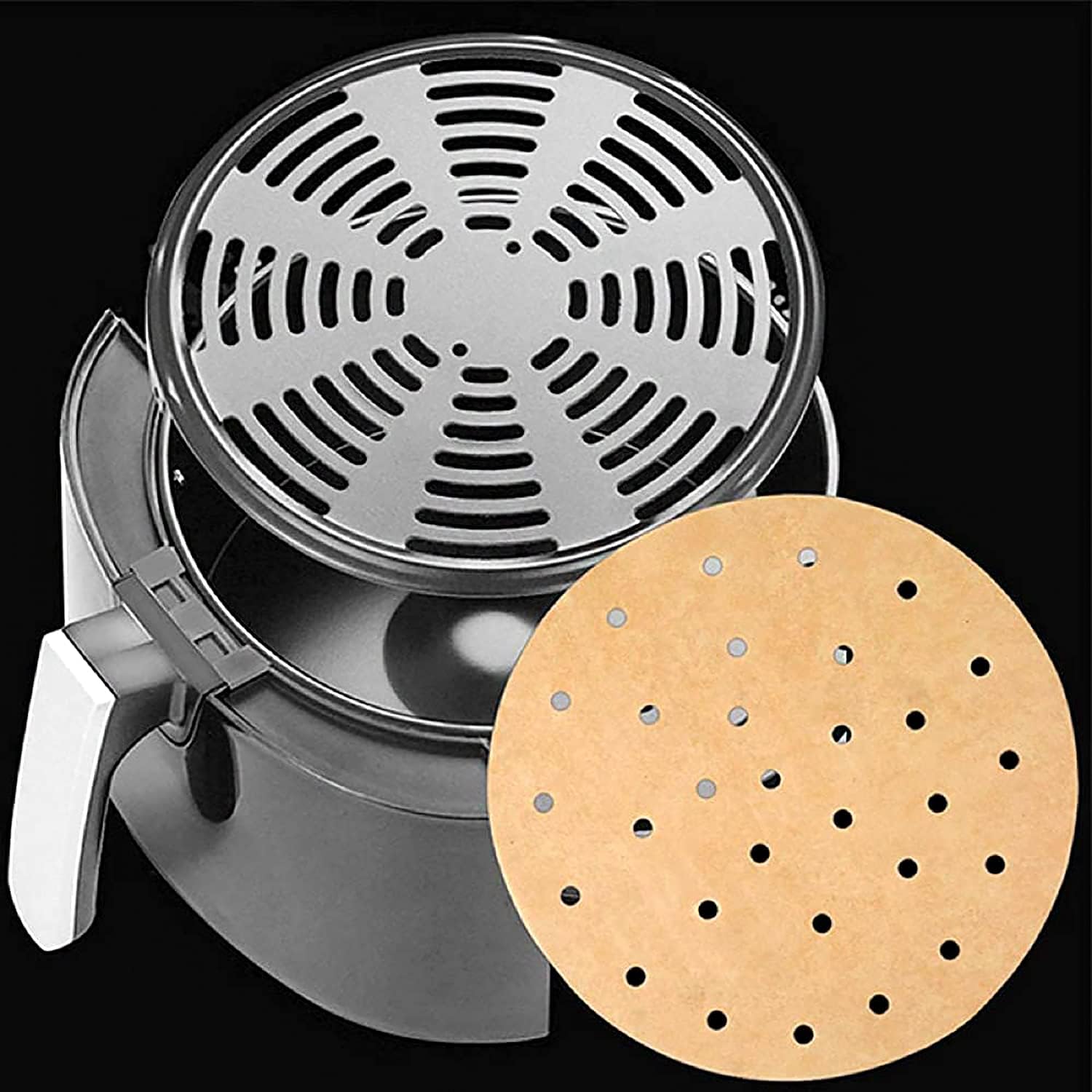200pcs Unbleached Bamboo Steamer Liners - 8 inch Perforated Parchment Papers for Air Fryers - Non-Stick Mat for Baking/Cooking - Fits 4.2 & 4.9QT Fryers