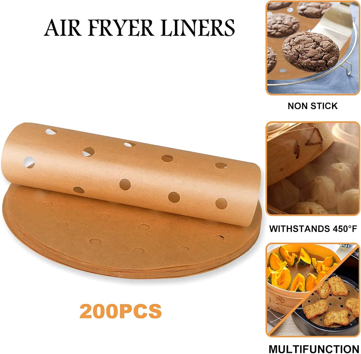 200pcs Unbleached Bamboo Steamer Liners - 8 inch Perforated Parchment Papers for Air Fryers - Non-Stick Mat for Baking/Cooking - Fits 4.2 & 4.9QT Fryers