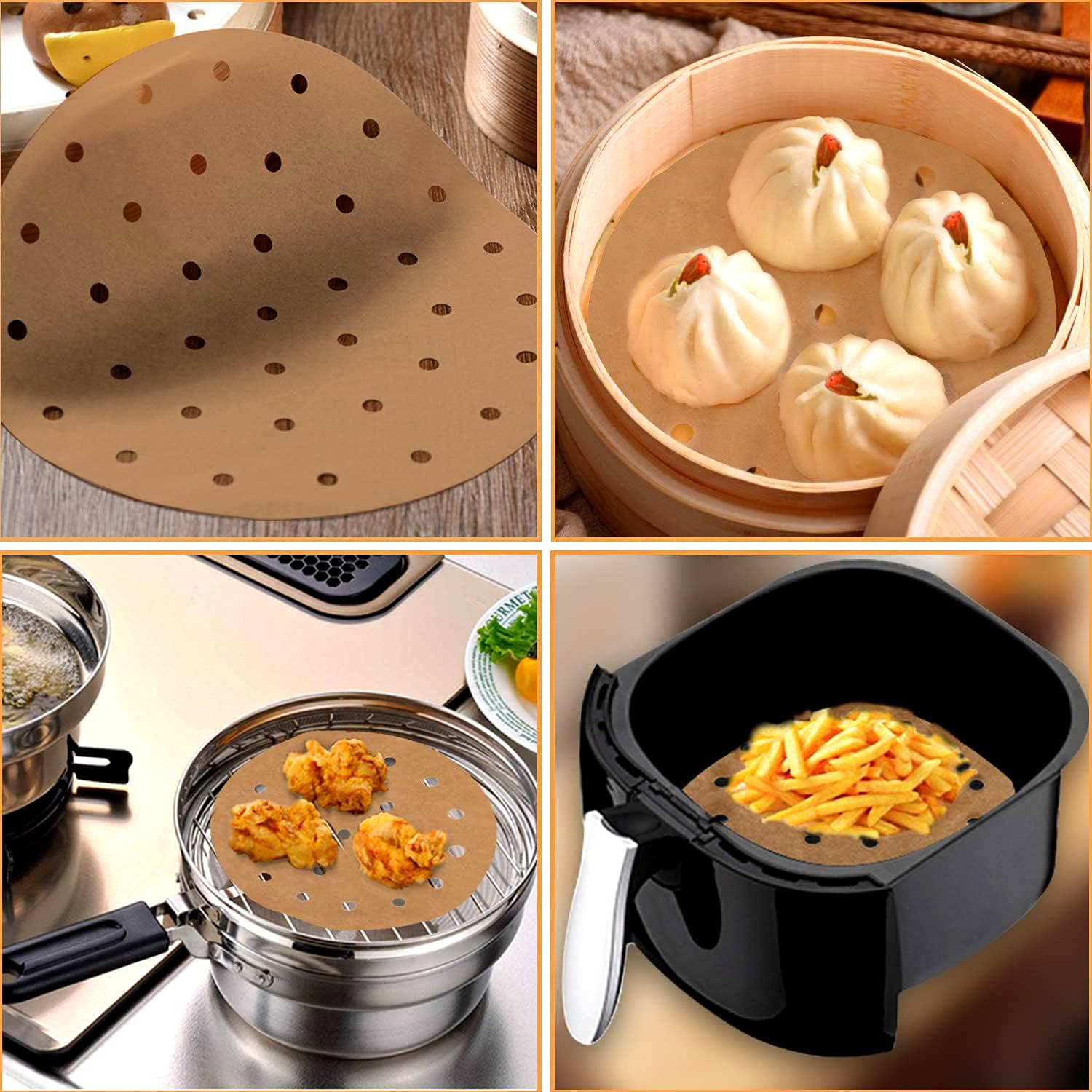 200pcs Unbleached Bamboo Steamer Liners - 8 inch Perforated Parchment Papers for Air Fryers - Non-Stick Mat for Baking/Cooking - Fits 4.2 & 4.9QT Fryers