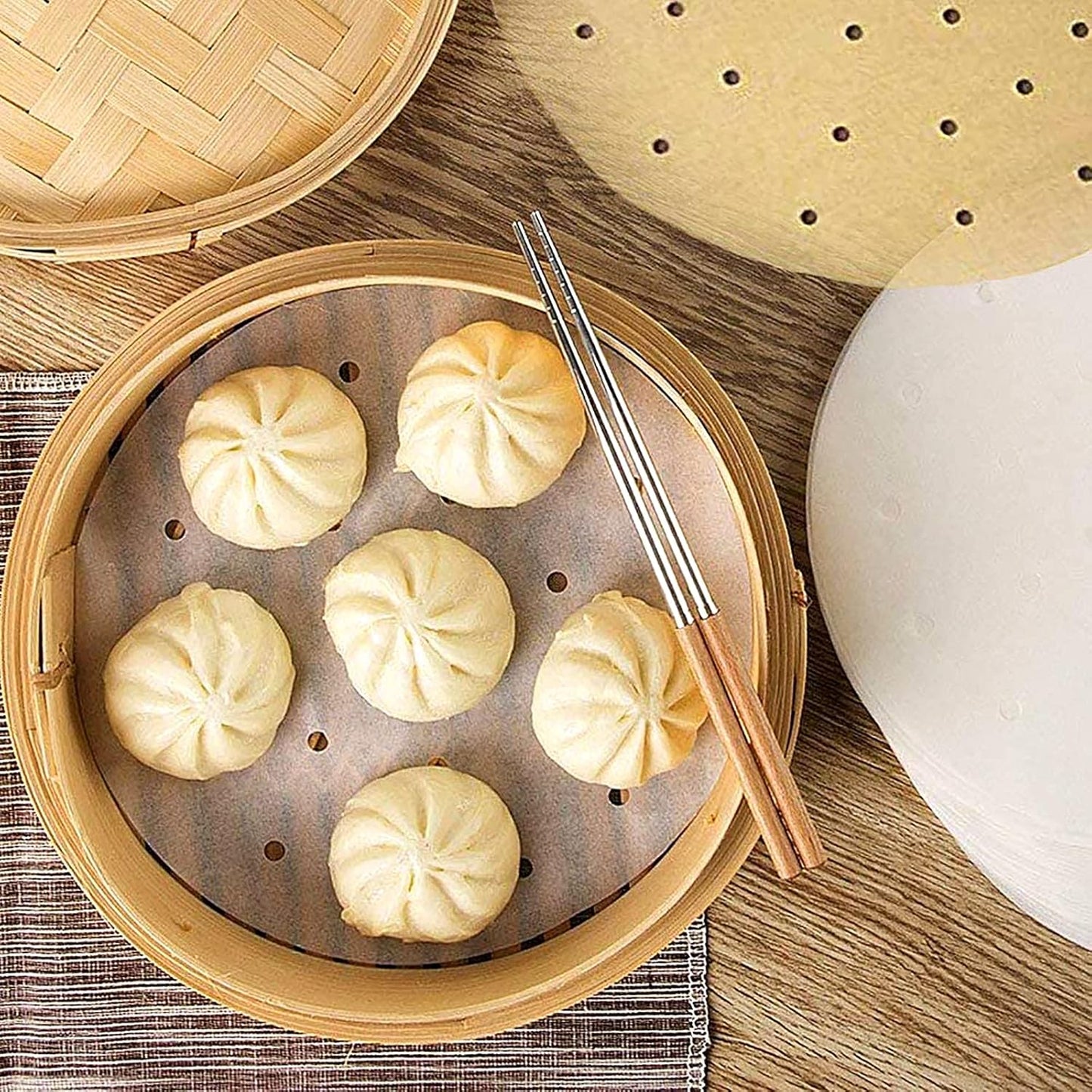 200pcs Unbleached Bamboo Steamer Liners - 8 inch Perforated Parchment Papers for Air Fryers - Non-Stick Mat for Baking/Cooking - Fits 4.2 & 4.9QT Fryers