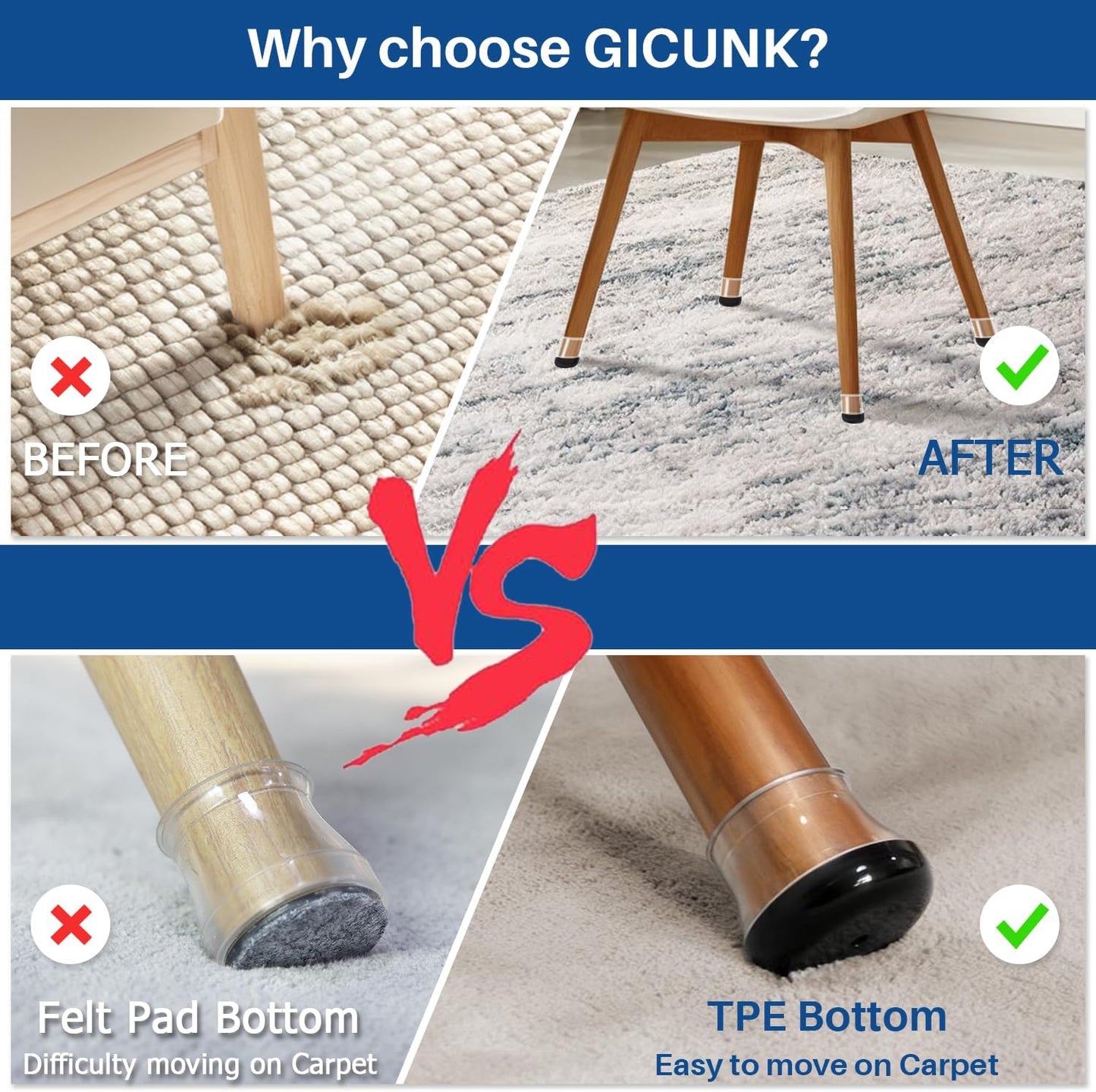 2024 Chair Leg Floor Protectors Furniture Sliders for Hardwood and Carpet - Non Slip Silicone, Reduce Noise, 28 Pcs Clear Square XL Fit 1-1/2" to 1-3/4