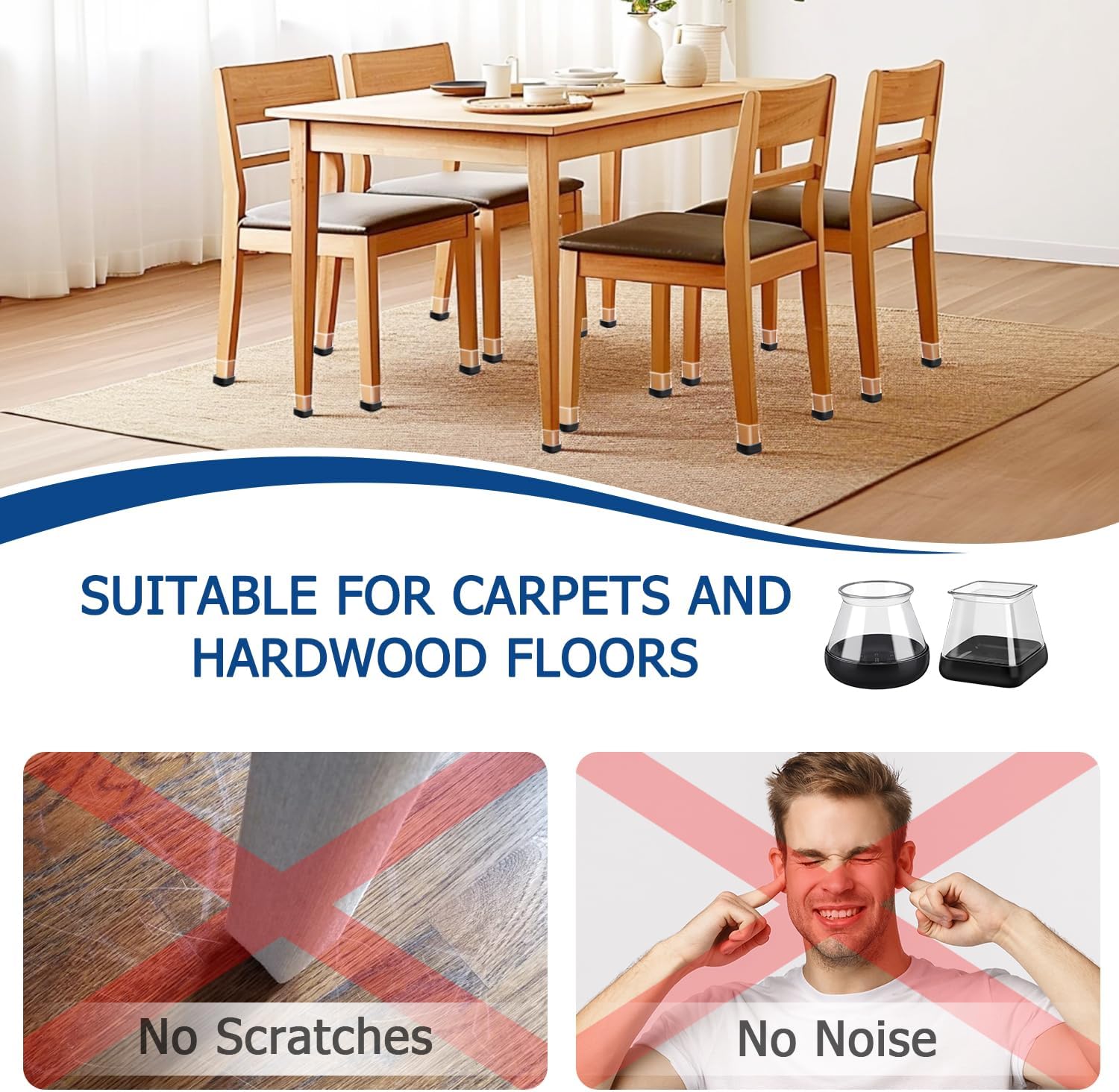 2024 Chair Leg Floor Protectors Furniture Sliders for Hardwood and Carpet - Non Slip Silicone, Reduce Noise, 28 Pcs Clear Square XL Fit 1-1/2" to 1-3/4
