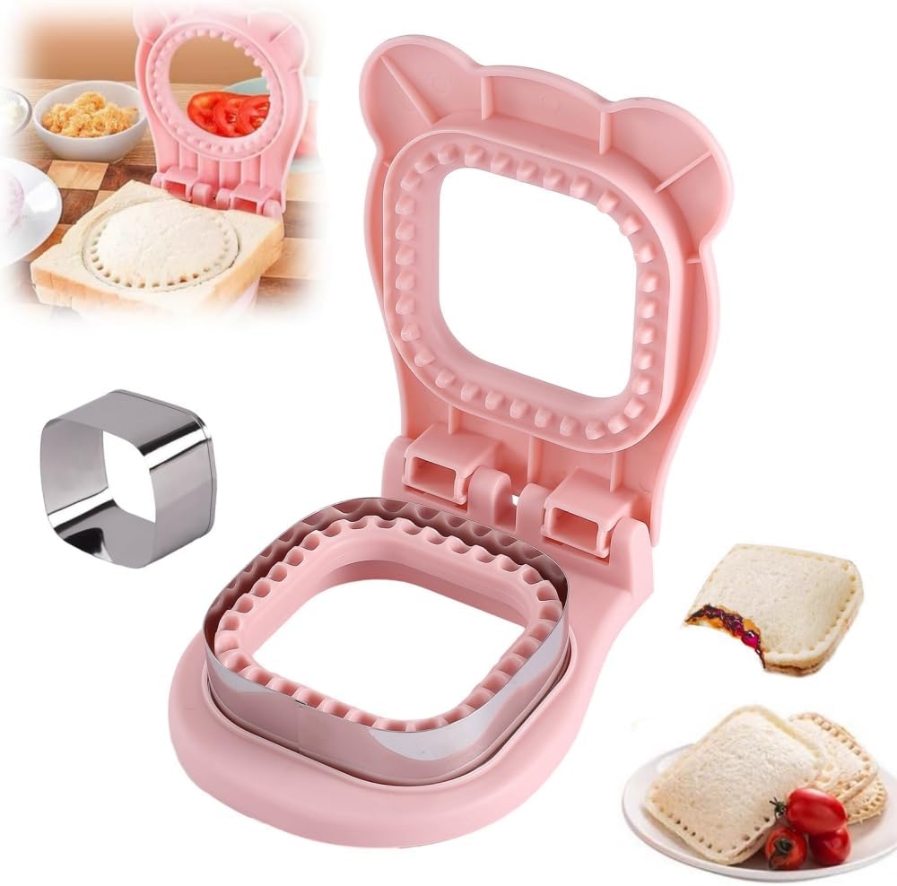 2024 Upgrade BusyLive Sandwich Cutters for Kids Lunch - Pink Square Shapes - Bento Box Accessories - Crustless Sandwich Maker & Sealer