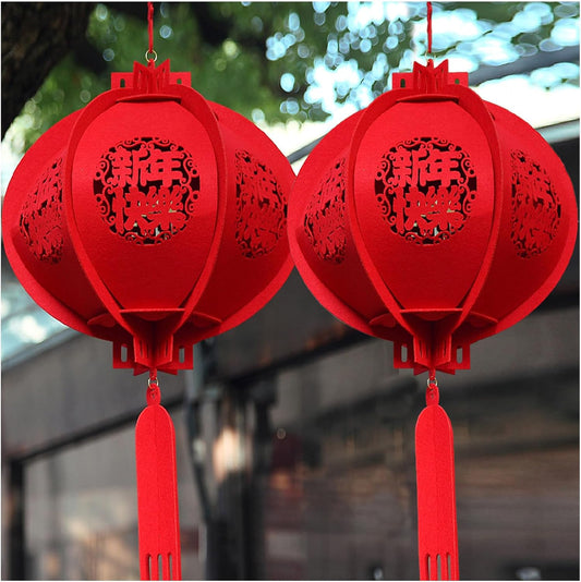 2025 Chinese New Year Lantern Decorations - Lucky Red Fu 3D Felt Puzzle Lunar New Year Hanging Decor