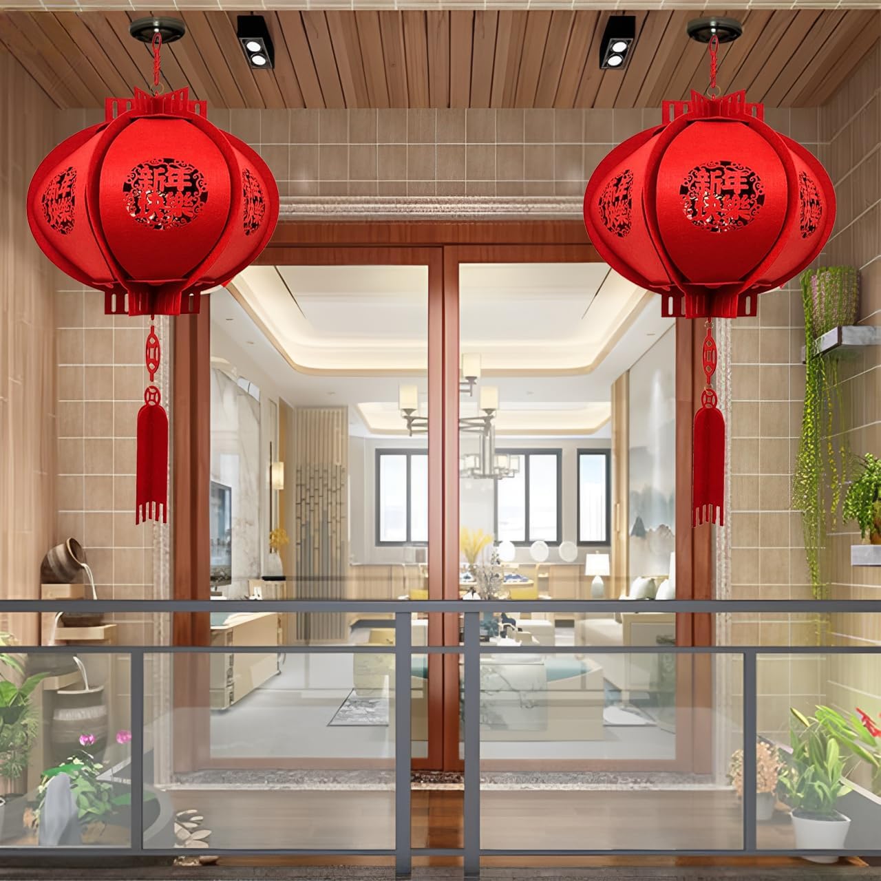 2025 Chinese New Year Lantern Decorations - Lucky Red Fu 3D Felt Puzzle Lunar New Year Hanging Decor
