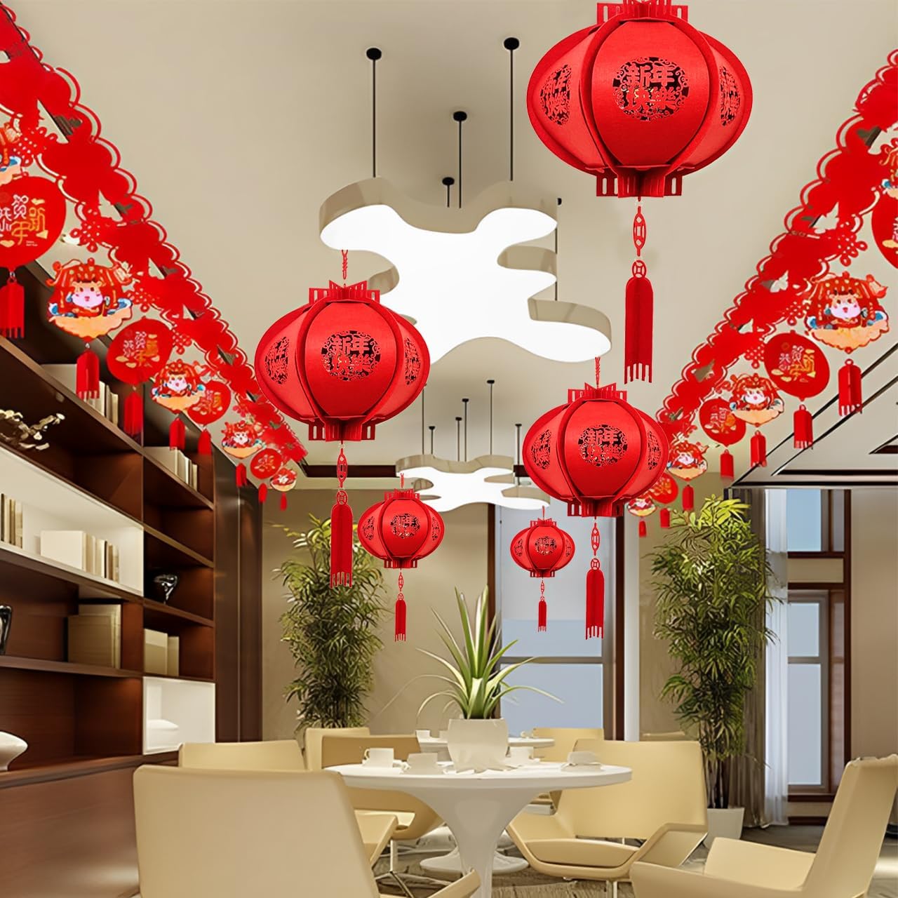 2025 Chinese New Year Lantern Decorations - Lucky Red Fu 3D Felt Puzzle Lunar New Year Hanging Decor