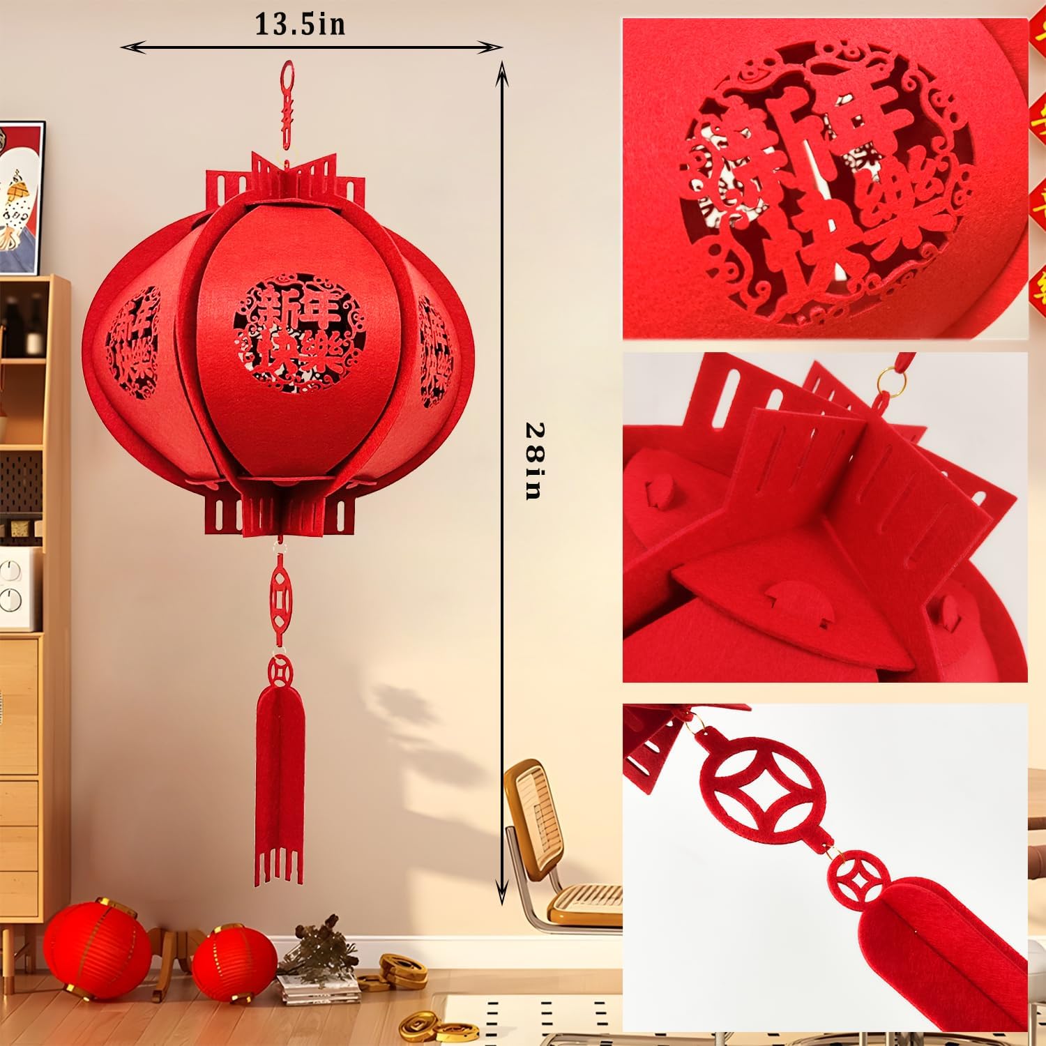 2025 Chinese New Year Lantern Decorations - Lucky Red Fu 3D Felt Puzzle Lunar New Year Hanging Decor