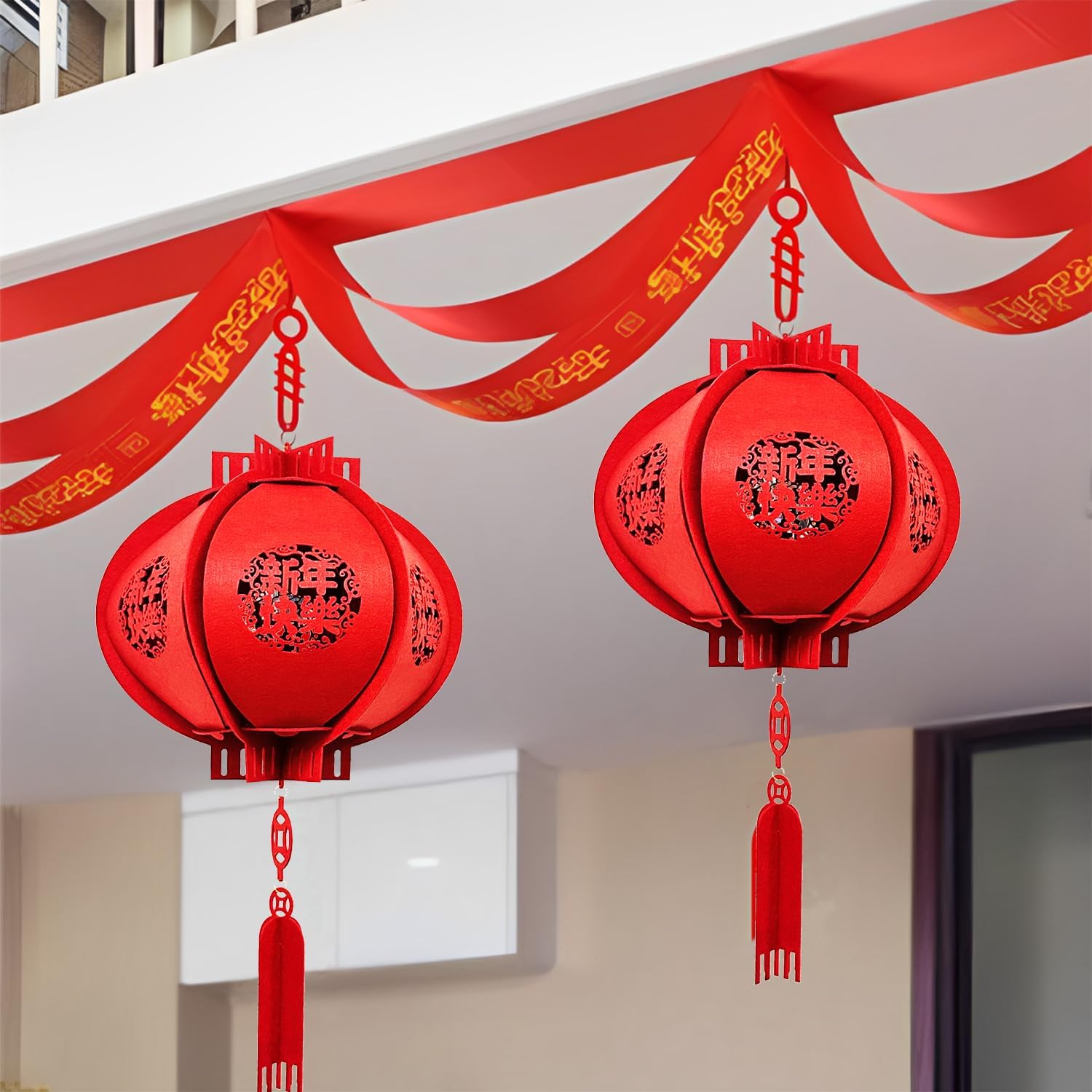 2025 Chinese New Year Lantern Decorations - Lucky Red Fu 3D Felt Puzzle Lunar New Year Hanging Decor